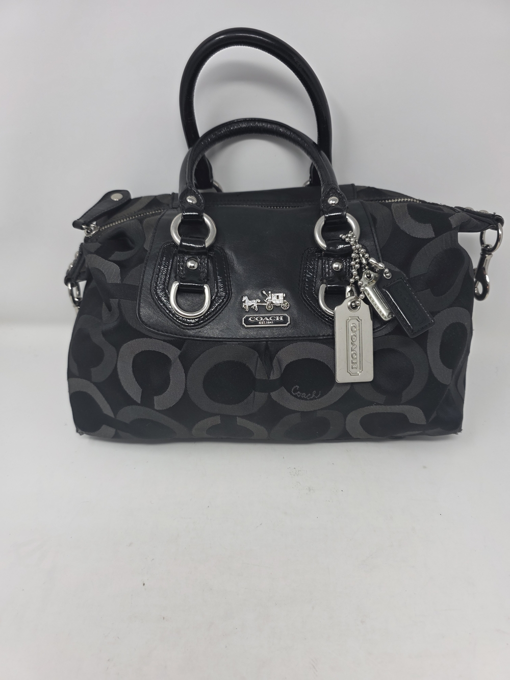 Coach Madison Sabrina Black Grey Signature C Sateen Convertible Satchel Purse